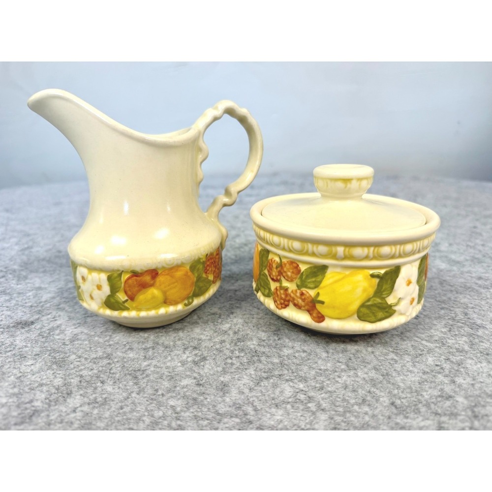 Vintage Vernon Ware Cream and Sugar Set Fruit Floral Creamer Lidded Bowl